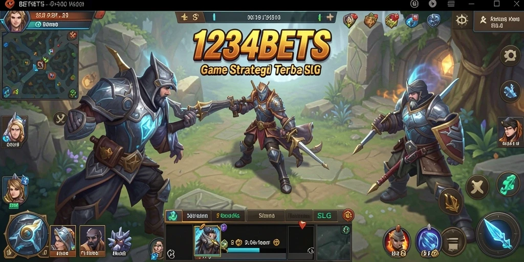 Screenshot gameplay 1234BETS yang menunjukkan pertempuran strategis dan pembangunan kerajaan.