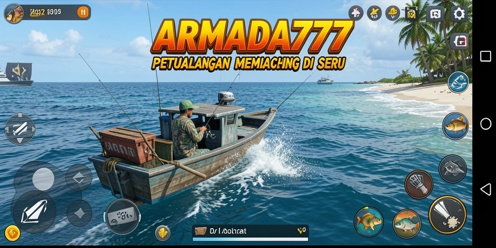 Screenshot ARMADA777 menampilkan pemain menangkap ikan di laut yang luas.