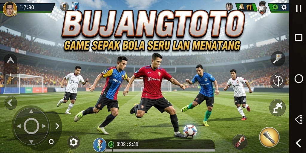 Screenshot gameplay BUJANGTOTO dengan aksi sepak bola menarik.