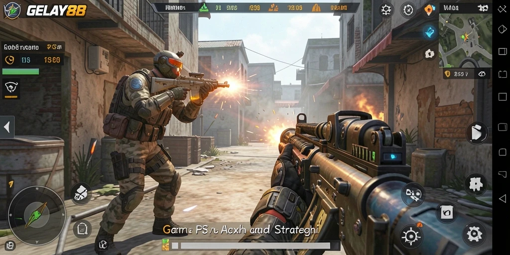 Tampilkan aksi mendebarkan dari gameplay <strong>GELAY88</strong> dalam pertempuran FPS.