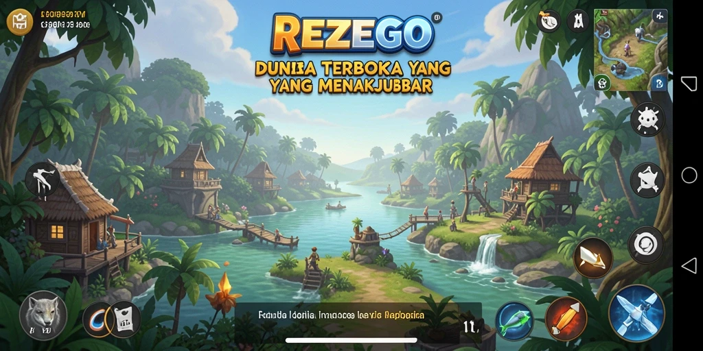 Tampilan gameplay REZEGO dalam dunia terbuka yang luas dan menakjubkan.
