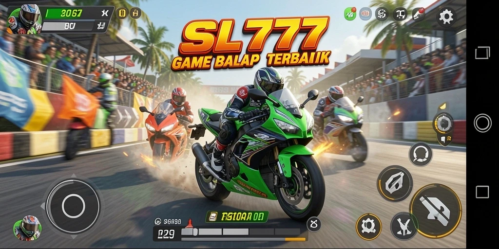 Screenshot gameplay SL777 menampilkan balapan motor yang seru dan penuh aksi.